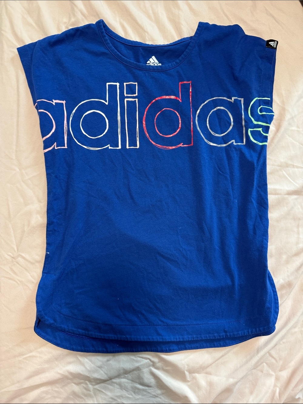 adidas Royal Blue Tee with Multicolor Logo Outline